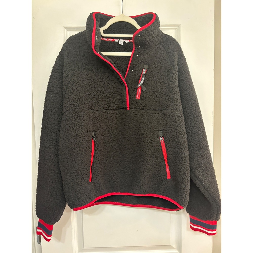 Tommy Hilfiger Sport Black Sherpa Fleece Pullover Red Trim XL